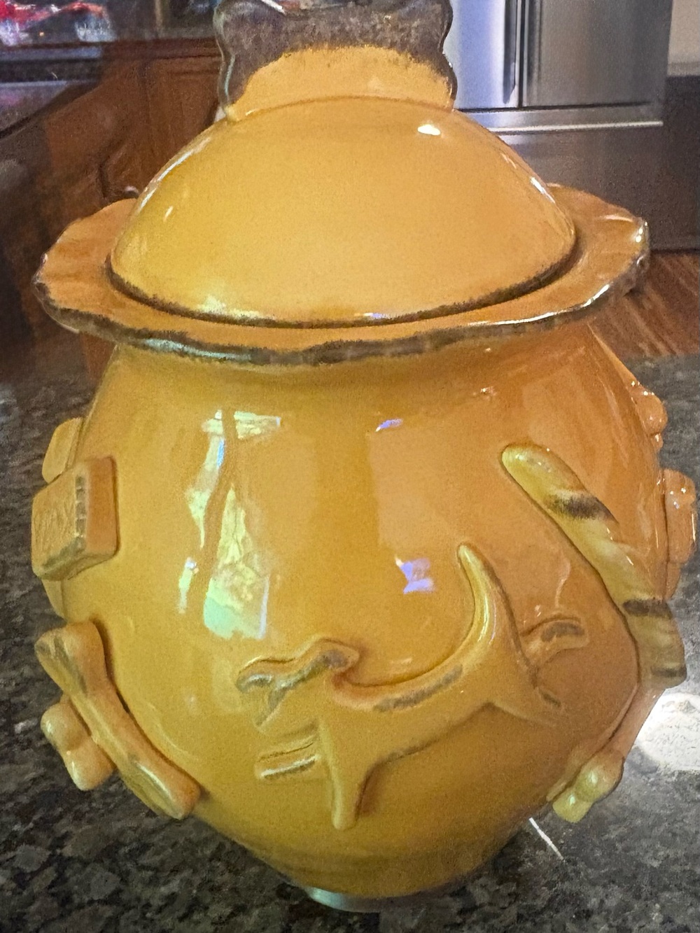 🐶 Carmel Ceramica Artisan Dog Treat Jar - Whimsical "Caramel" Yellow Stoneware